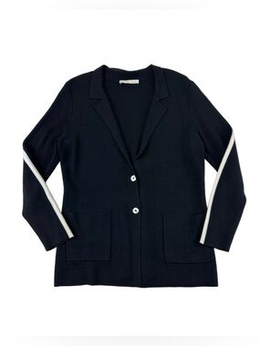 Oui black knit blazer cardigan Womens Size 12 contrasting stripes cotton silk